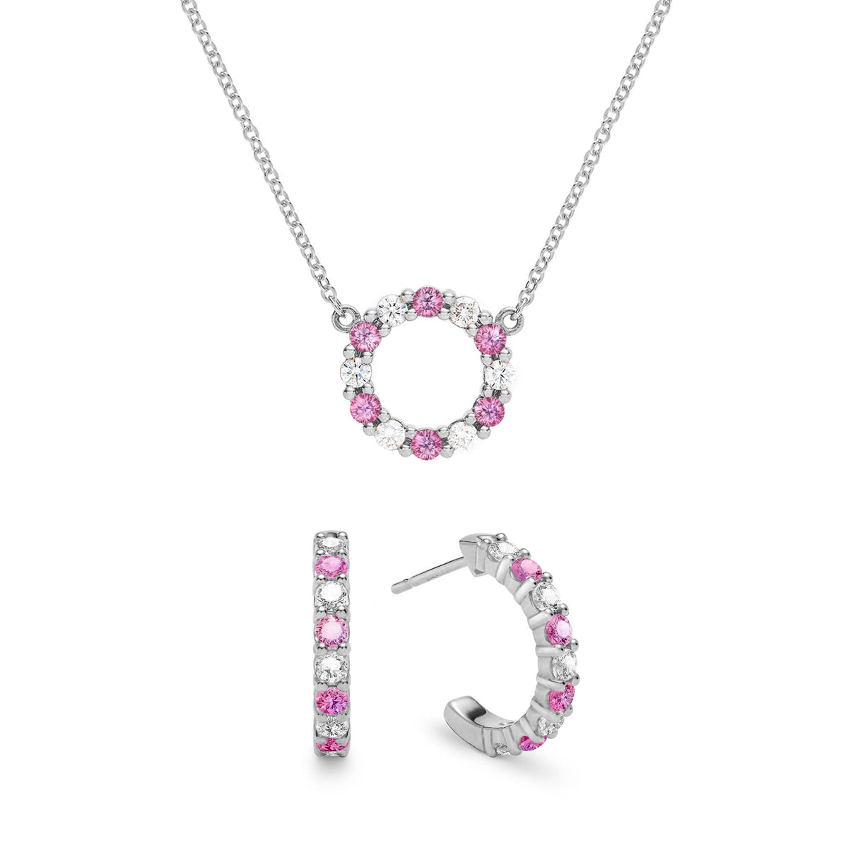 Rosecliff Small Circle Diamond & Pink Sapphire Necklace and Huggie Hoop Earrings Set in 14k Gold (October)