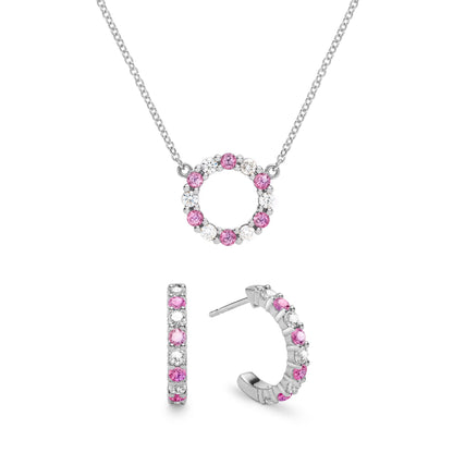 Rosecliff Small Circle Diamond & Pink Sapphire Necklace and Huggie Hoop Earrings Set in 14k Gold (October)