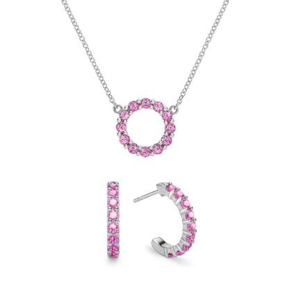 Rosecliff Small Circle Pink Sapphire Necklace and Huggie Hoop Earrings Set in 14k Gold (October)