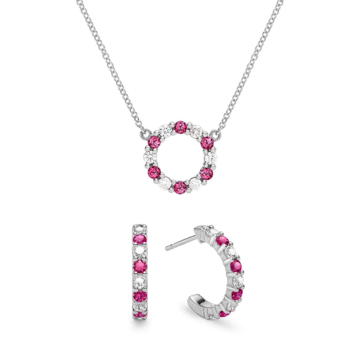Rosecliff Small Circle Diamond & Ruby Necklace and Huggie Hoop Earrings Set in 14k Gold (July)