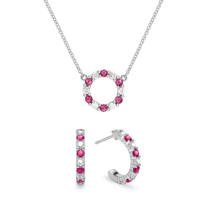 Rosecliff Small Circle Diamond & Ruby Necklace and Huggie Hoop Earrings Set in 14k Gold (July)