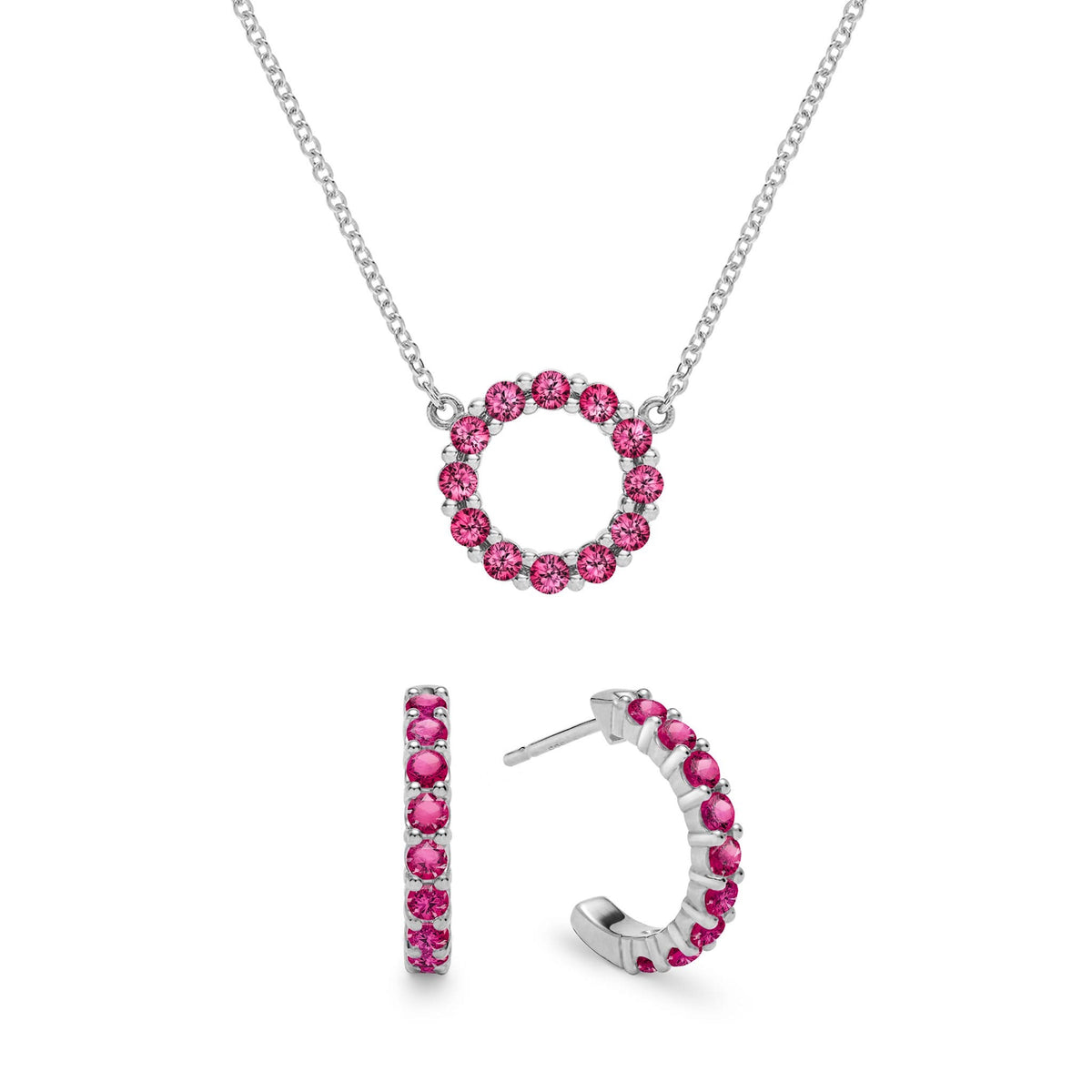 Rosecliff Small Circle Ruby Necklace and Huggie Hoop Earrings Set in 14k Gold (July)