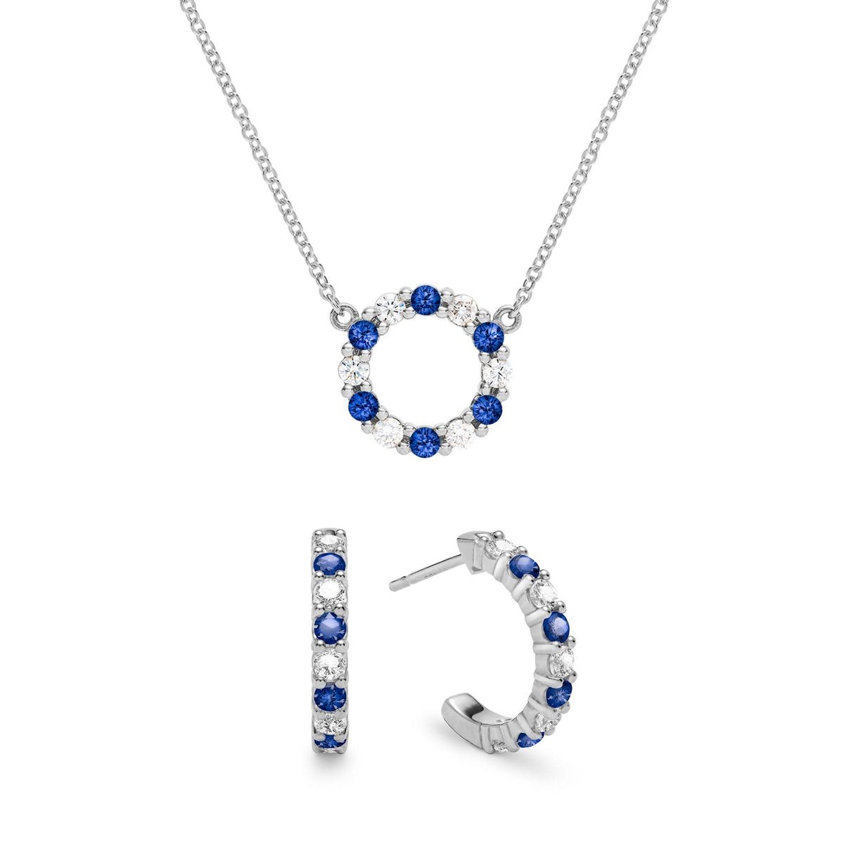 Rosecliff Small Circle Diamond & Sapphire Necklace and Huggie Hoop Earrings Set in 14k Gold (September)