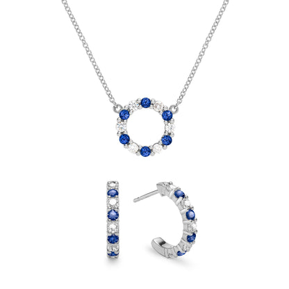 Rosecliff Small Circle Diamond & Sapphire Necklace and Huggie Hoop Earrings Set in 14k Gold (September)