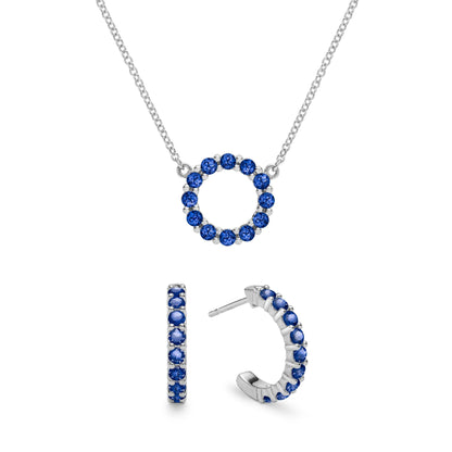 Rosecliff Small Circle Sapphire Necklace and Huggie Hoop Earrings Set in 14k Gold (September)