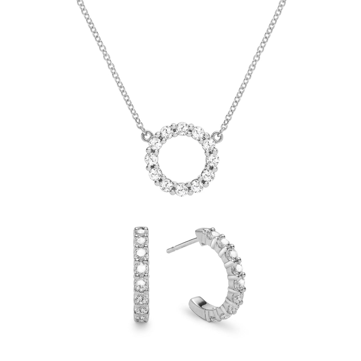 Rosecliff Small Circle White Topaz Necklace and Huggie Hoop Earrings Set in 14k Gold (April)