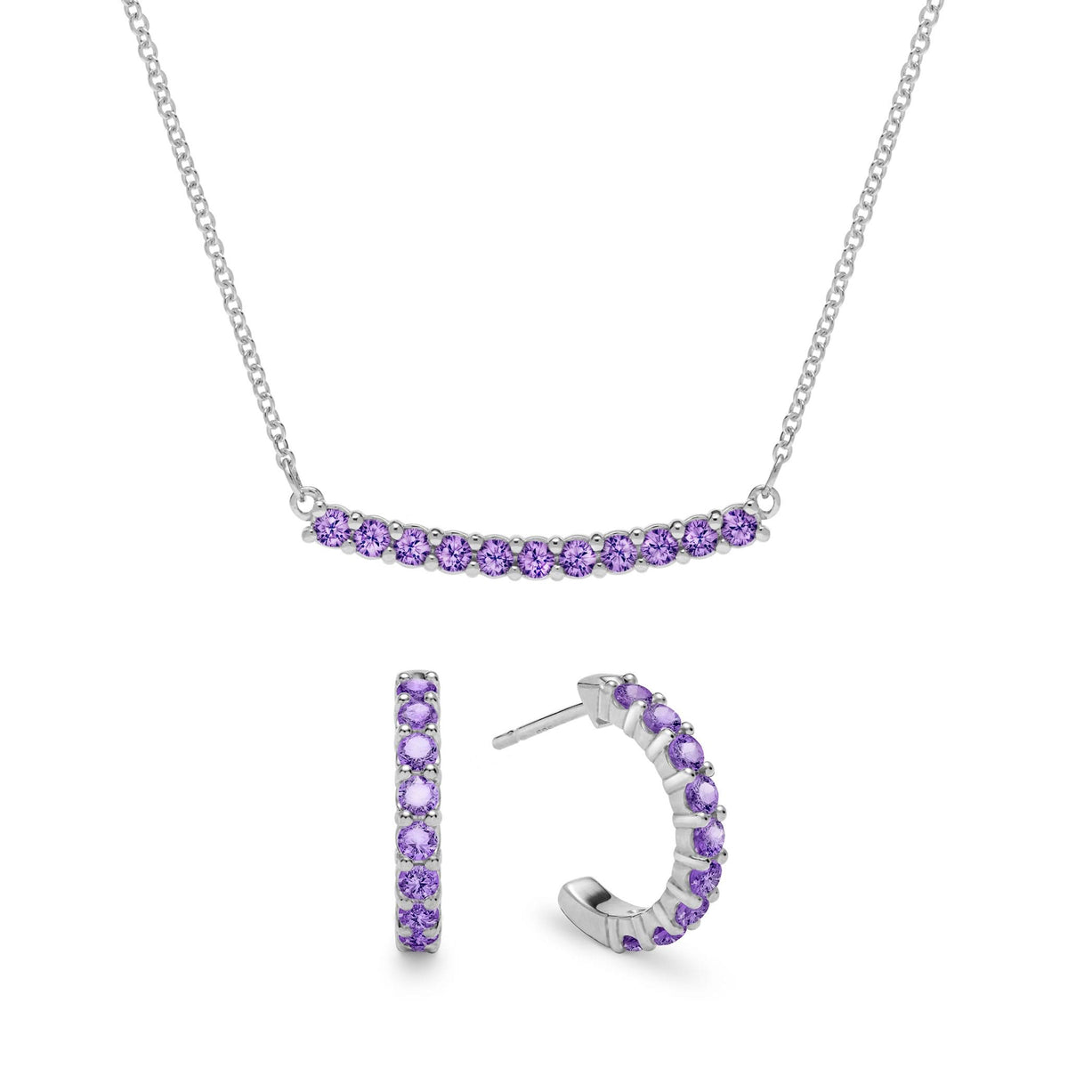 Rosecliff Amethyst Bar Necklace and Huggie Hoop Earrings Set in 14k Gold (February)