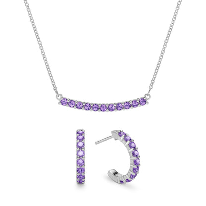 Rosecliff Amethyst Bar Necklace and Huggie Hoop Earrings Set in 14k Gold (February)
