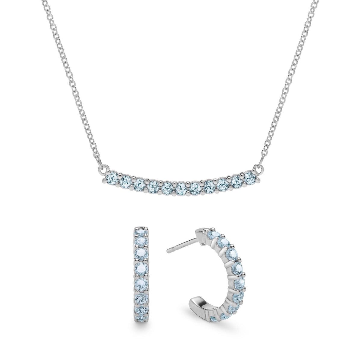 Rosecliff Nantucket Blue Topaz Bar Necklace and Huggie Hoop Earrings Set in 14k Gold (December)