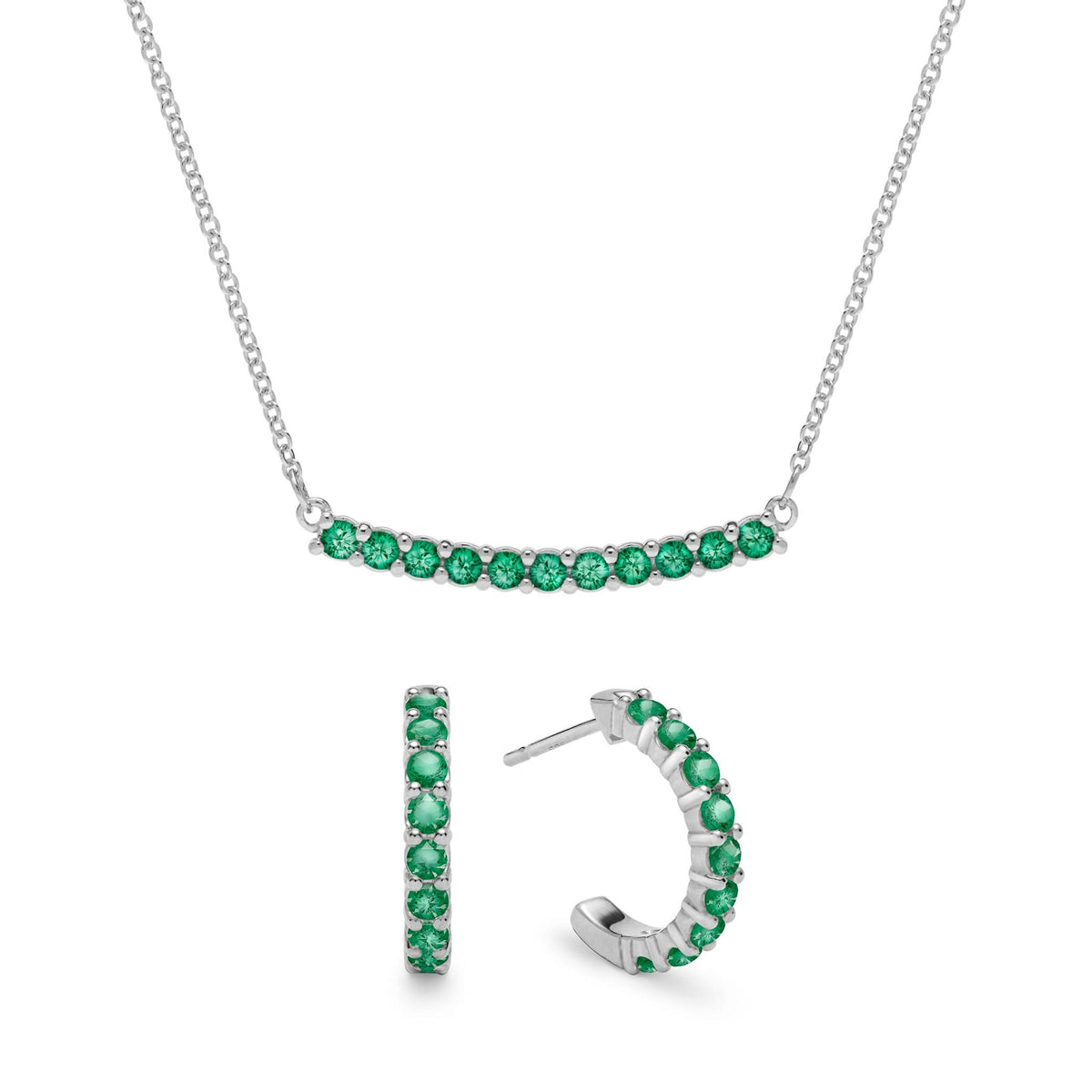 Rosecliff Emerald Bar Necklace and Huggie Hoop Earrings Set in 14k Gold (May)