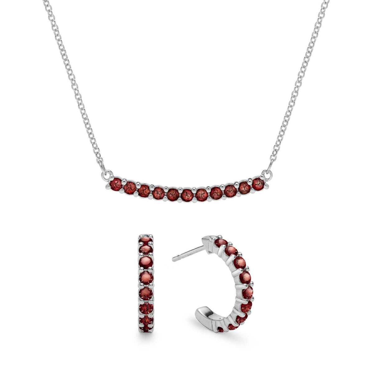 Rosecliff Garnet Bar Necklace and Huggie Hoop Earrings Set in 14k Gold (January)