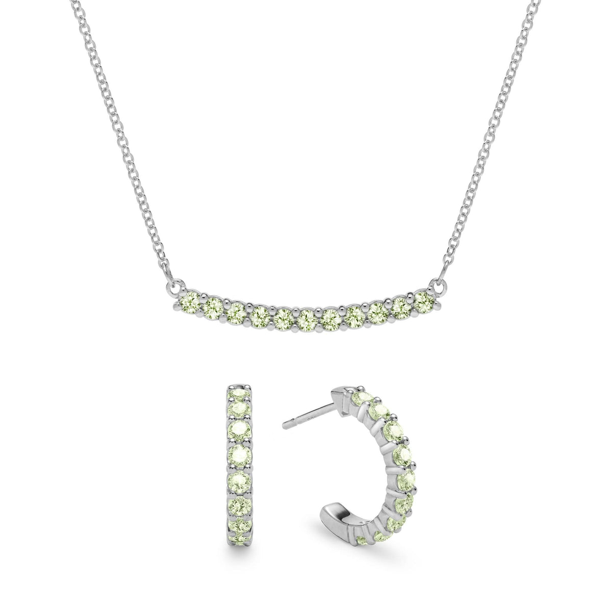 Rosecliff Peridot Bar Necklace and Huggie Hoop Earrings Set in 14k Gold (August)