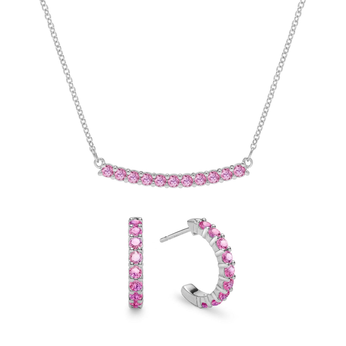 Rosecliff Pink Sapphire Bar Necklace and Huggie Hoop Earrings Set in 14k Gold (October)