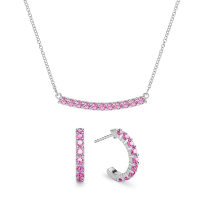 Rosecliff Pink Sapphire Bar Necklace and Huggie Hoop Earrings Set in 14k Gold (October)