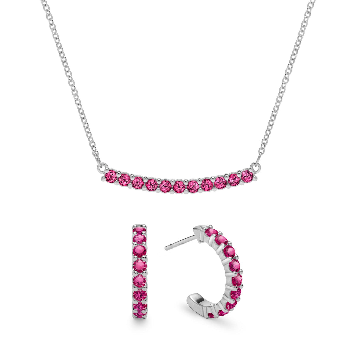 Rosecliff Ruby Bar Necklace and Huggie Hoop Earrings Set in 14k Gold (July)