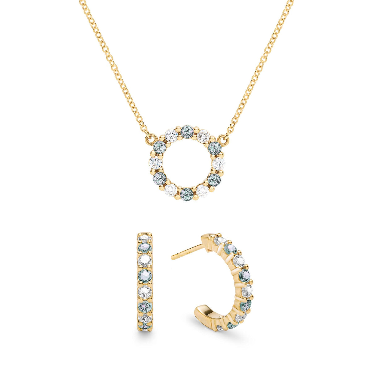 Rosecliff Small Circle Diamond & Alexandrite Necklace and Huggie Hoop Earrings Set in 14k Gold (June)