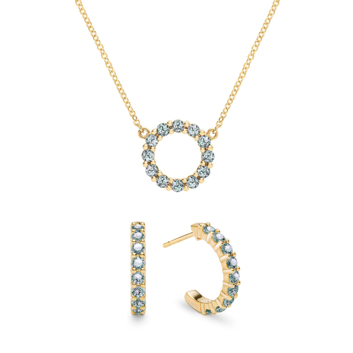 Rosecliff Small Circle Alexandrite Necklace and Huggie Hoop Earrings Set in 14k Gold (June)
