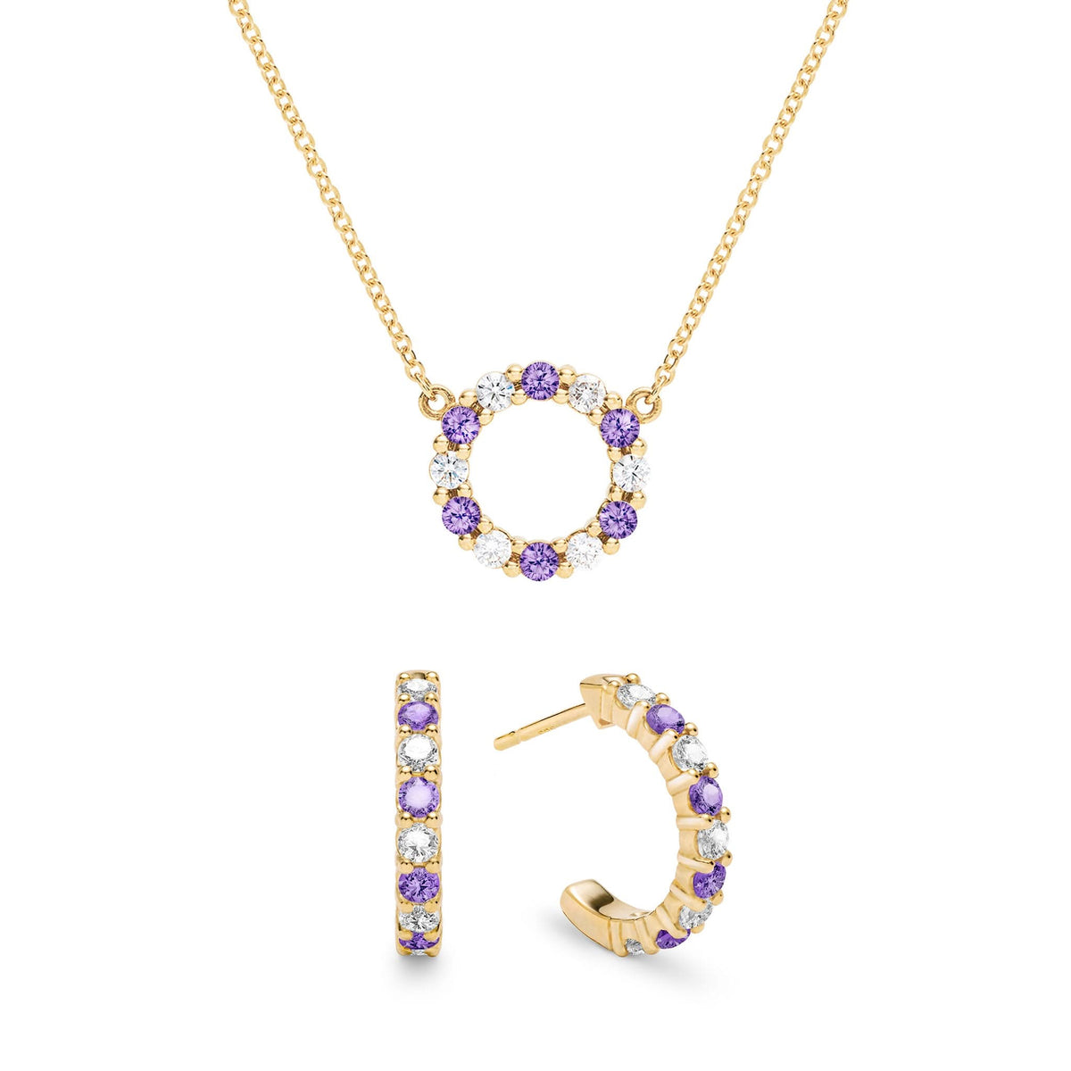 Rosecliff Small Circle Diamond & Amethyst Necklace and Huggie Hoop Earrings Set in 14k Gold (February)