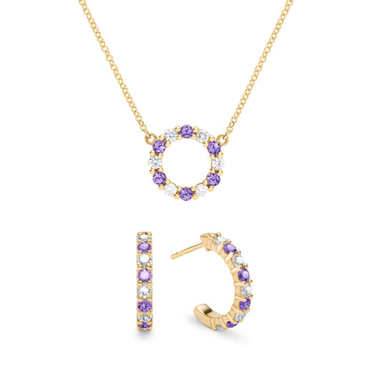 Rosecliff Small Circle Diamond & Amethyst Necklace and Huggie Hoop Earrings Set in 14k Gold (February)