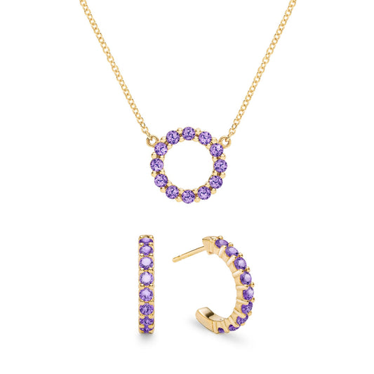 Rosecliff Small Circle Amethyst Necklace and Huggie Hoop Earrings Set in 14k Gold (February)