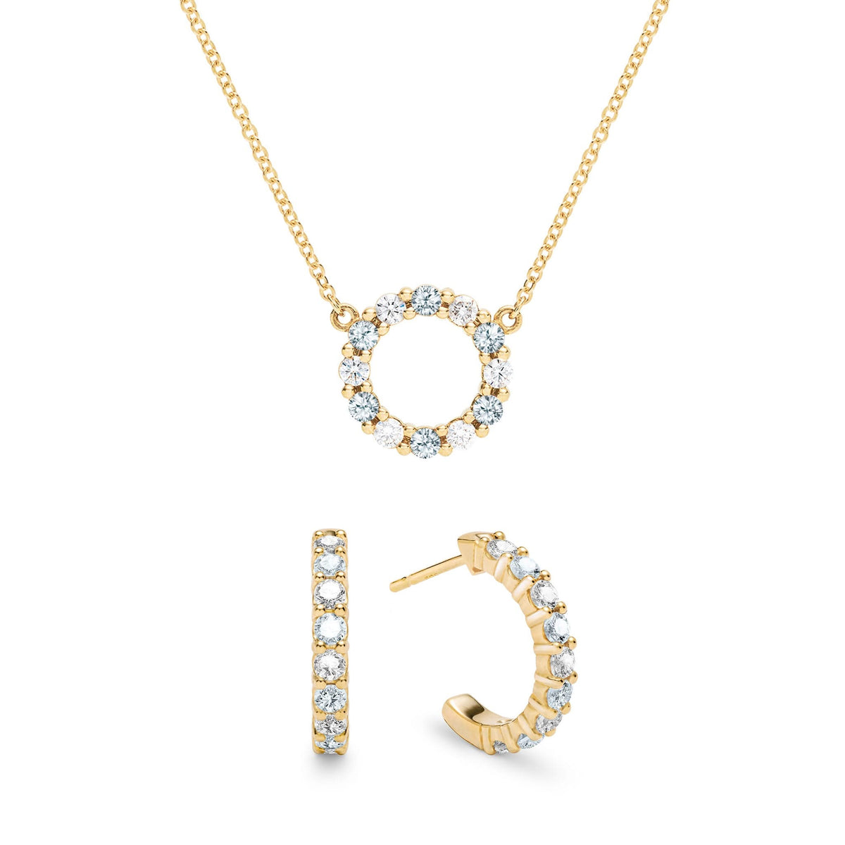 Rosecliff Small Circle Diamond & Aquamarine Necklace and Huggie Hoop Earrings Set in 14k Gold (March)