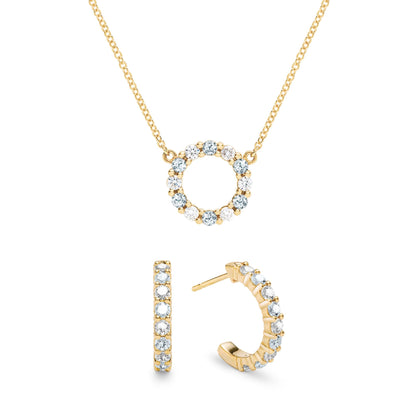 Rosecliff Small Circle Diamond & Aquamarine Necklace and Huggie Hoop Earrings Set in 14k Gold (March)