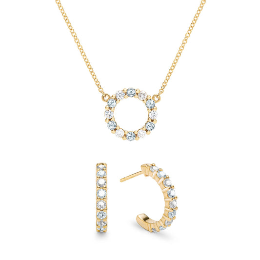 Rosecliff Small Circle Diamond & Aquamarine Necklace and Huggie Hoop Earrings Set in 14k Gold (March)