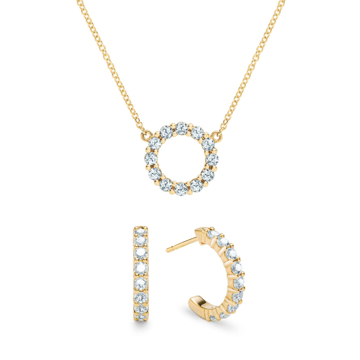 Rosecliff Small Circle Aquamarine Necklace and Huggie Hoop Earrings Set in 14k Gold (March)