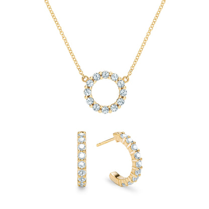 Rosecliff Small Circle Aquamarine Necklace and Huggie Hoop Earrings Set in 14k Gold (March)
