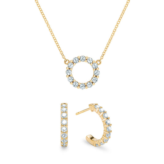 Rosecliff Small Circle Aquamarine Necklace and Huggie Hoop Earrings Set in 14k Gold (March)