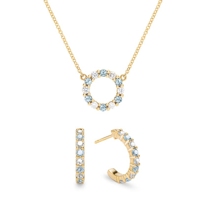 Rosecliff Small Circle Diamond & Nantucket Blue Topaz Necklace and Huggie Hoop Earrings Set in 14k Gold (December)