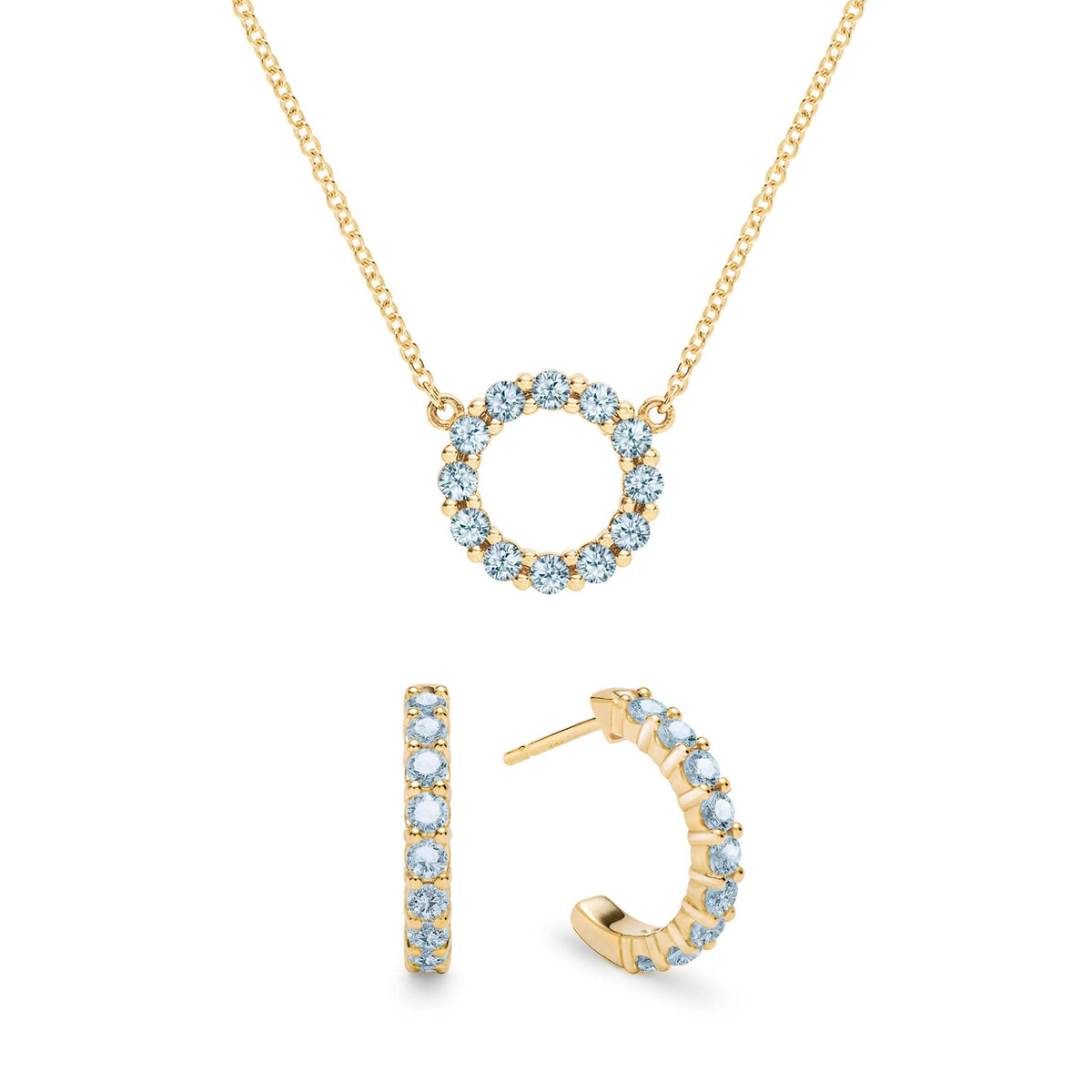 Rosecliff Small Circle Nantucket Blue Topaz Necklace and Huggie Hoop Earrings Set in 14k Gold (December)