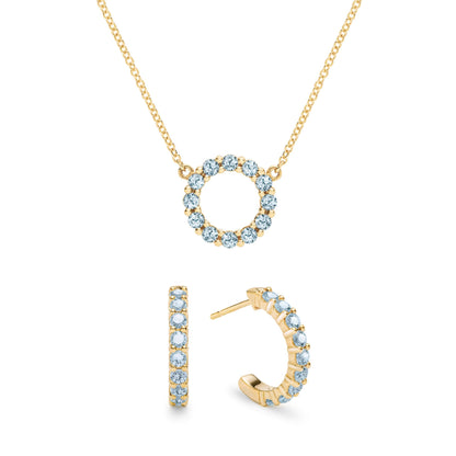 Rosecliff Small Circle Nantucket Blue Topaz Necklace and Huggie Hoop Earrings Set in 14k Gold (December)