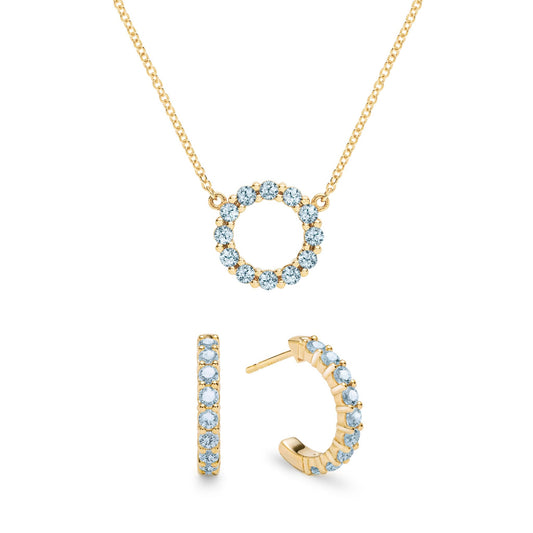 Rosecliff Small Circle Nantucket Blue Topaz Necklace and Huggie Hoop Earrings Set in 14k Gold (December)