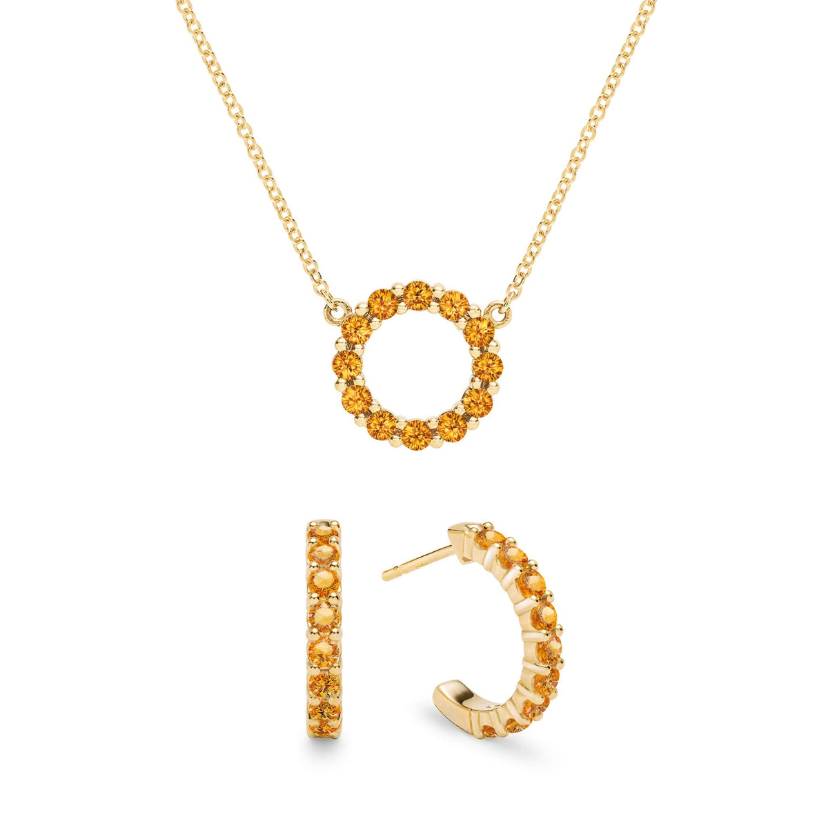 Rosecliff Small Circle Citrine Necklace and Huggie Hoop Earrings Set in 14k Gold (November)