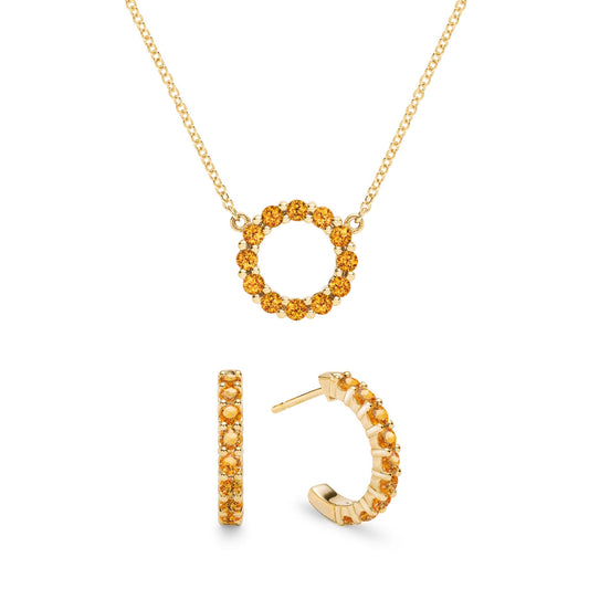 Rosecliff Small Circle Citrine Necklace and Huggie Hoop Earrings Set in 14k Gold (November)