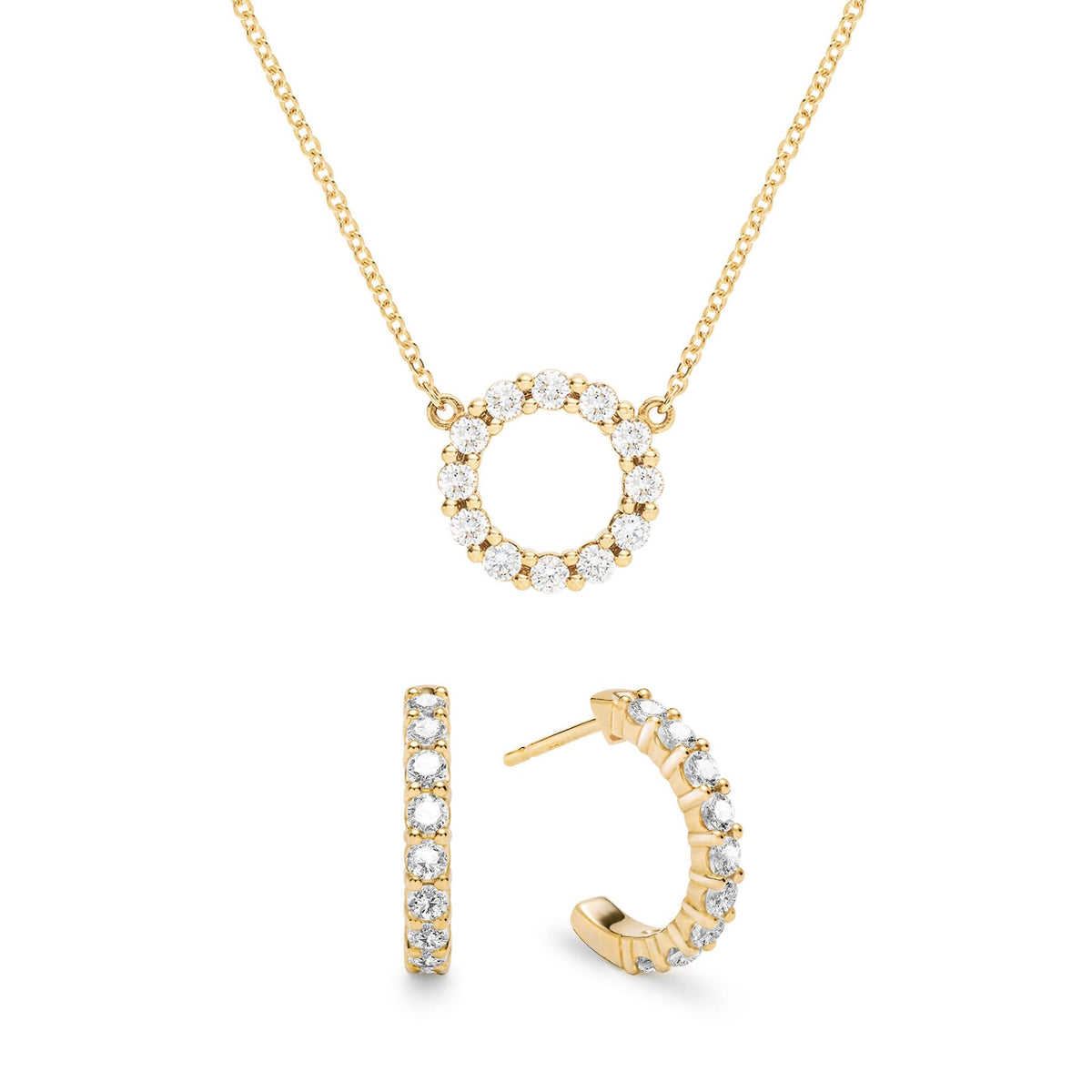 Rosecliff Small Circle Diamond Necklace and Huggie Hoop Earrings Set in 14k Gold (April)