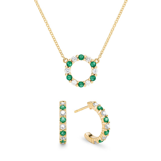 Rosecliff Small Circle Diamond & Emerald Necklace and Huggie Hoop Earrings Set in 14k Gold (May)