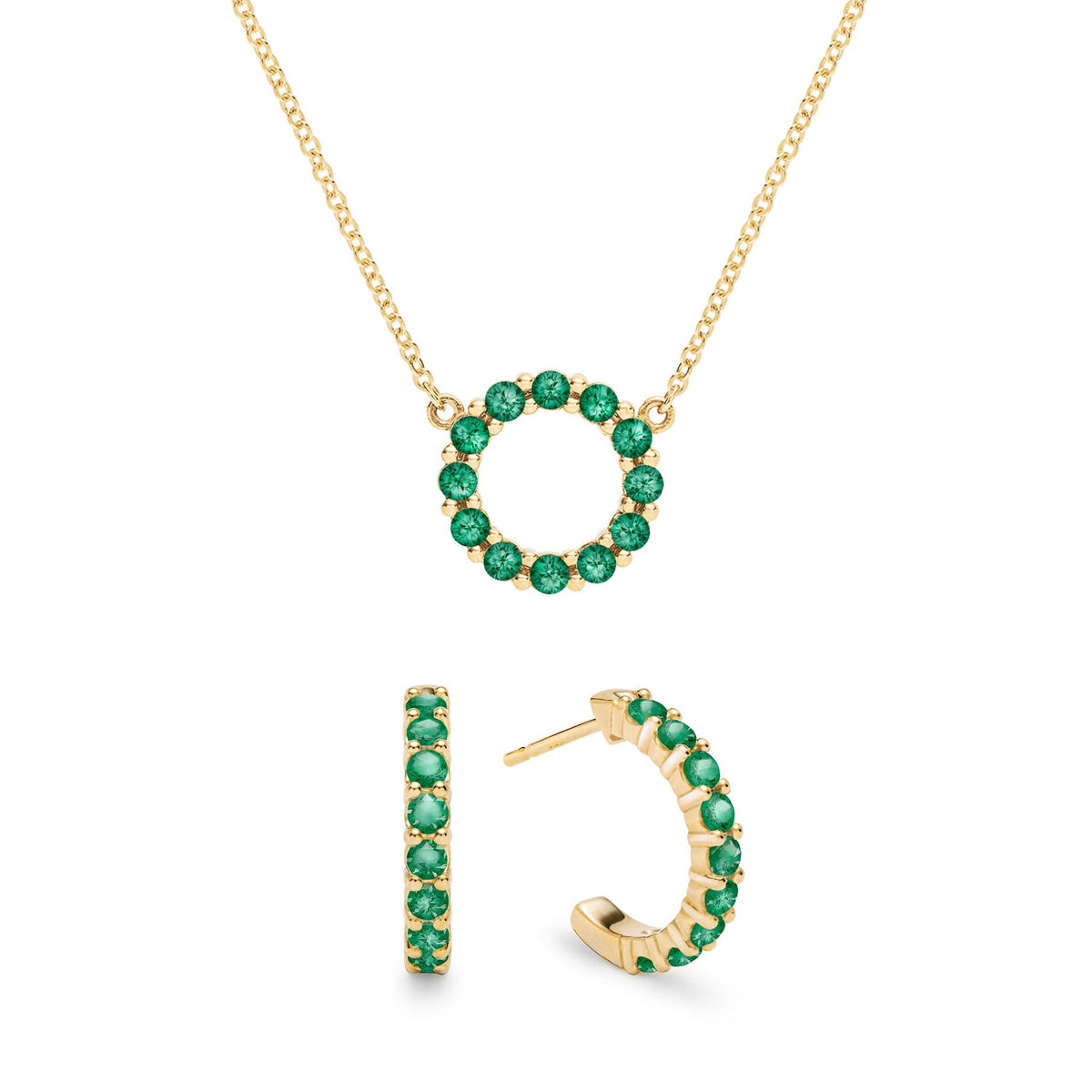 Rosecliff Small Circle Emerald Necklace and Huggie Hoop Earrings Set in 14k Gold (May)