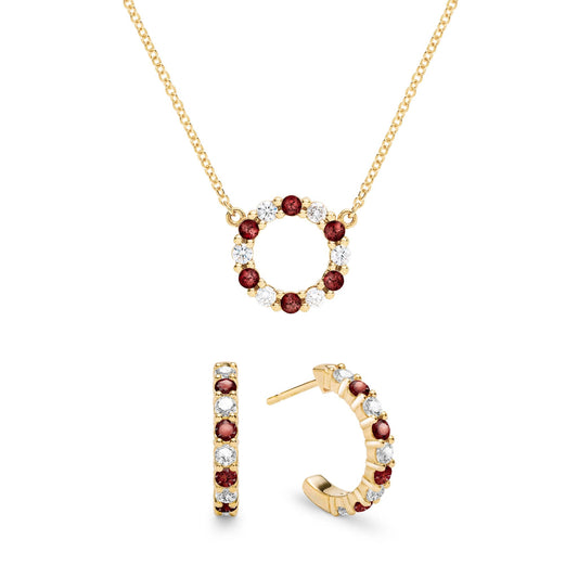 Rosecliff Small Circle Diamond & Garnet Necklace and Huggie Hoop Earrings Set in 14k Gold (January)