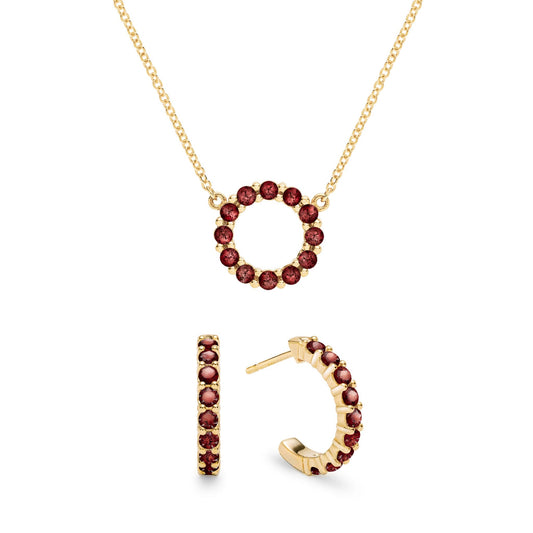 Rosecliff Small Circle Garnet Necklace and Huggie Hoop Earrings Set in 14k Gold (January)
