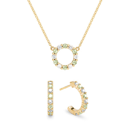 Rosecliff Small Circle Diamond & Peridot Necklace and Huggie Hoop Earrings Set in 14k Gold (August)