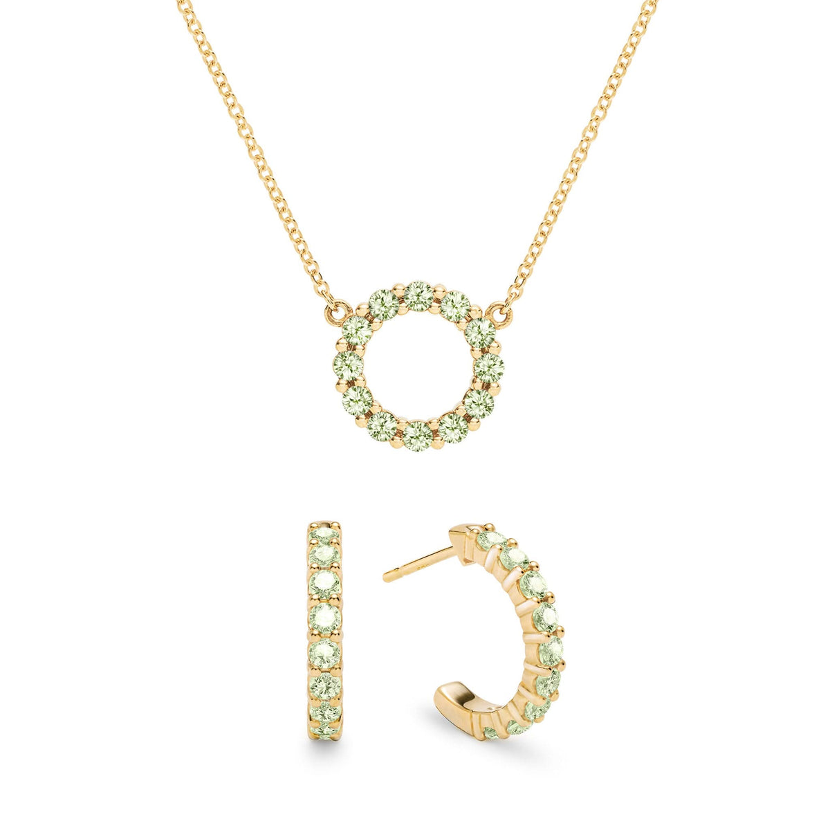 Rosecliff Small Circle Peridot Necklace and Huggie Hoop Earrings Set in 14k Gold (August)