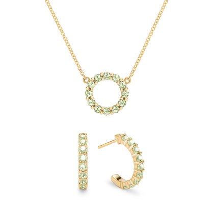 Rosecliff Small Circle Peridot Necklace and Huggie Hoop Earrings Set in 14k Gold (August)