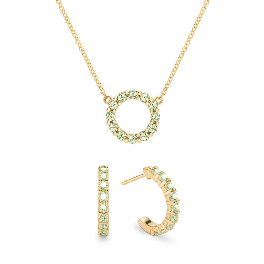 Rosecliff Small Circle Peridot Necklace and Huggie Hoop Earrings Set in 14k Gold (August)
