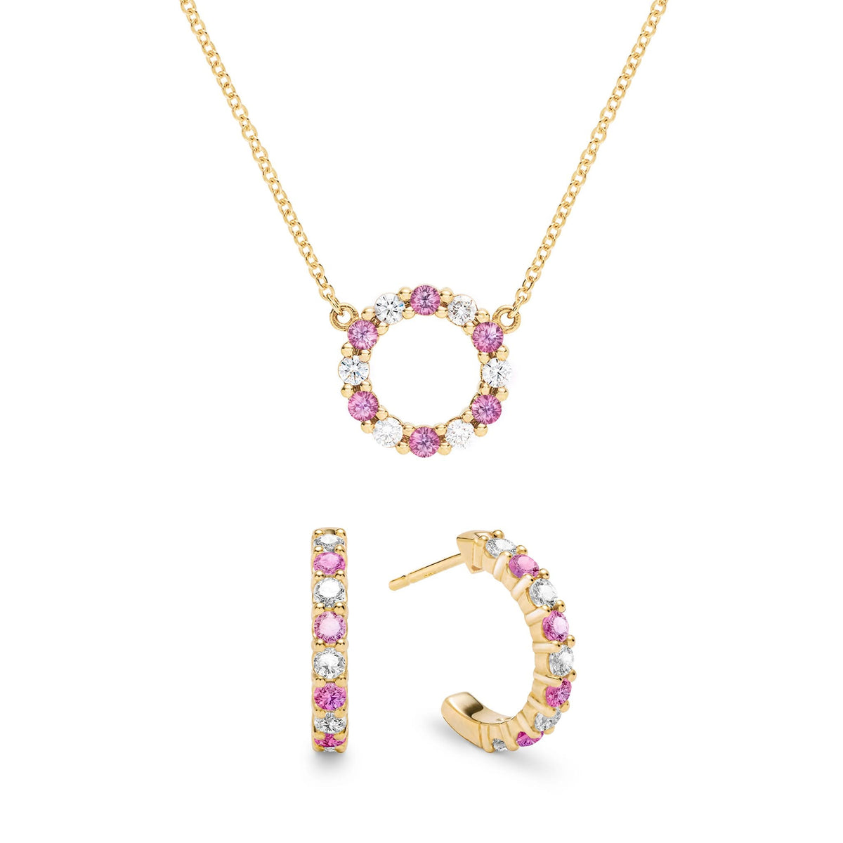 Rosecliff Small Circle Diamond & Pink Sapphire Necklace and Huggie Hoop Earrings Set in 14k Gold (October)