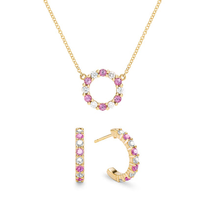 Rosecliff Small Circle Diamond & Pink Sapphire Necklace and Huggie Hoop Earrings Set in 14k Gold (October)
