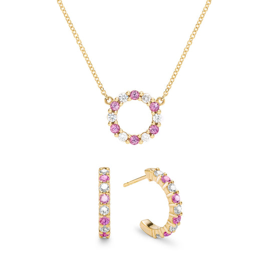 Rosecliff Small Circle Diamond & Pink Sapphire Necklace and Huggie Hoop Earrings Set in 14k Gold (October)