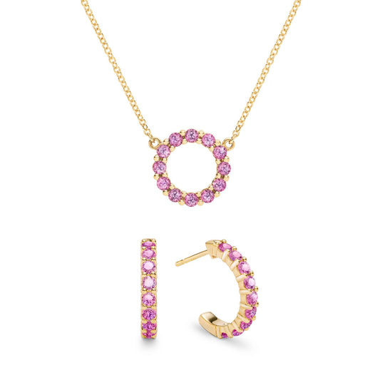Rosecliff Small Circle Pink Sapphire Necklace and Huggie Hoop Earrings Set in 14k Gold (October)