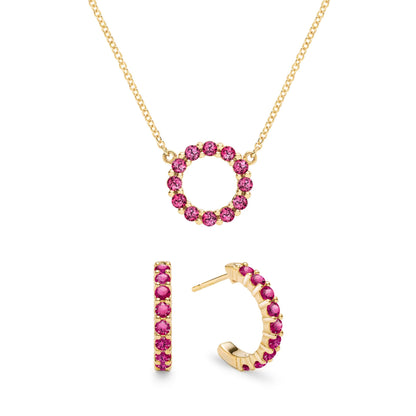 Rosecliff Small Circle Ruby Necklace and Huggie Hoop Earrings Set in 14k Gold (July)